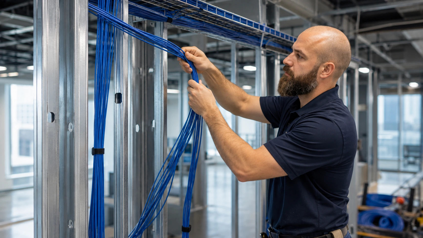 Organized data center cabling rack for Las Vegas commercial network installation