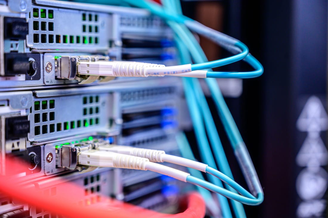 Fiber optic cabling terminated at a network rack for a Las Vegas commercial space